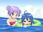  ahoge beach blue_eyes blue_hair izumi_konata kagami_hiiragi lucky_star purple_hair swimwear 