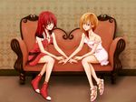  bad_id bad_pixiv_id blonde_hair blue_eyes boots couch jewelry kairi_(kingdom_hearts) kingdom_hearts koshi_(meermisa) legs multiple_girls namine necklace red_hair sandals strap_slip 