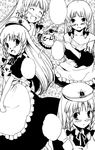  &gt;_&lt; :d :o ^_^ alternate_costume apron beret blush bow braid closed_eyes d: dress dx enmaided frown greyscale hair_bow hat hong_meiling looking_at_viewer maid monochrome multiple_girls open_mouth smile star touhou twin_braids undressing yuu_(kfc) 