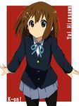  amano_kouki black_legwear blazer brown_eyes brown_hair hair_ornament hairclip hirasawa_yui jacket k-on! light_smile official_style pantyhose school_uniform short_hair solo 