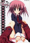  blazer bottomless club_(shape) cover cover_page cross_hair_ornament diamond_(shape) hair_ornament heart highres hinamori_amu jacket korie_riko necktie pink_hair plaid plaid_legwear purple_eyes short_hair shugo_chara! solo spade_(shape) spread_legs 