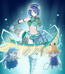  alternate_color animalization armor blue_hair bow_(weapon) breasts cat crossover felyne fishnets gradient_hair green_nargacuga_(armor) h-new hat jhen_mohran_(armor) kochiya_sanae medium_breasts midriff monster_hunter monster_hunter_portable_3rd moriya_suwako multicolored_hair nargacuga_(armor) navel slit_pupils touhou underboob weapon yasaka_kanako zinogre_(armor) 