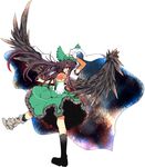  aoguu bad_id bad_pixiv_id bow brown_hair cape green_bow hair_bow mismatched_footwear red_eyes reiuji_utsuho simple_background solo touhou wings 