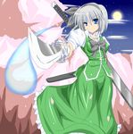  blue_eyes cherry_blossoms foreshortening ghost hairband katana konpaku_youmu luna_(gunfire) moon myon night short_hair silver_hair sword touhou weapon 