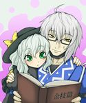  1girl blush book glasses green_eyes hand_on_shoulder hat head_on_shoulder komeiji_koishi morichika_rinnosuke shinadume short_hair silver_hair sun_hat sweatdrop touhou translated yellow_eyes 