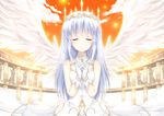  aiyoku_no_eustia angel_wings bare_shoulders blush cloud crown dress fujimoto_akio gloves hands_clasped highres own_hands_together saint_irene silver_hair sky sleeveless sleeveless_dress solo wings 