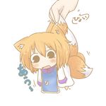  animal_ears blonde_hair blue_dress blush chibi dekasudachin dress fox_ears fox_tail hands holding_another's_tail minigirl multicolored multicolored_clothes multicolored_dress multiple_tails no_hat no_headwear open_mouth solo_focus tail tail_grab touhou white_dress yakumo_ran 