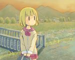  bag blonde_hair bookbag bow bridge grass mashiko_(22) mountain nichijou power_lines river scenery school_bag school_uniform sekiguchi_yuria short_hair skirt solo sunset tokisadame_school_uniform tree v_arms |_| 