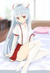  adapted_costume bed blush bow fujiwara_no_mokou hair_bow kurasawa_moko long_hair looking_at_viewer open_mouth panties red_eyes shirt shy silver_hair sitting skirt solo suspenders thighhighs thighs touhou underwear white_legwear white_panties 