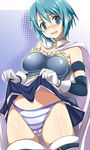  blue_eyes blue_hair blush cape gloves highres hips mahou_shoujo_madoka_magica miki_sayaka panties short_hair skirt skirt_lift solo striped striped_panties taigi_akira thighhighs underwear wide_hips 