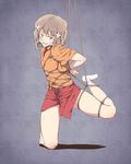  bdsm blush bondage bound brown_eyes brown_hair cleave_gag cloth_gag crotch_rope flower gag gagged hair_flower hair_ornament hanasaku_iroha highres improvised_gag japanese_clothes kissuisou_uniform matsumae_ohana nakai_(waitress) sakuraba_tsukasa saliva shibari short_hair solo suspension 