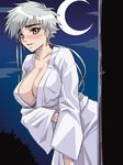  asymmetrical_hair bleach breasts cleavage kagami_hirotaka kotetsu_isane large_breasts long_sleeves moon night robe short_hair_with_long_locks silver_hair solo 