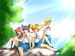  4girls blonde blue_eyes day dvach-tan green_eyes nekomimi pioneer plaits red_eyes rock school_uniform schoolgirl shirt shoes short_hair skirt sky slavya-chan socks tail tree twin_tails unyl-chan uvao-tan yellow_eyes 