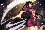  absurdres black_eyes black_hair breasts center_opening cherry_blossoms closed_mouth covered_nipples cowboy_shot dress foreshortening hair_intakes half_updo highres indoors kazehana large_breasts lipstick long_hair looking_at_viewer makeup midriff navel official_art petals purple_dress red_lipstick rope scan sekirei short_dress smile solo sunlight underboob whirlwind wind 