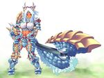  armor axe bad_id bad_pixiv_id blue_hair dark_skin gauntlets hunting_horn long_hair midriff monster_hunter monster_hunter_portable_3rd navel red_eyes solo ushi weapon zinogre_(armor) 