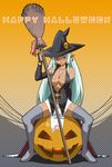  broom face food_themed_hair_ornament gradient gradient_background grey_background haganemaru_kennosuke hair_ornament halloween happy_halloween hat highres jack-o'-lantern long_hair orange_background original pumpkin pumpkin_hair_ornament solo spread_legs thighhighs witch_hat 