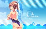  brown_eyes brown_hair dille_brad dlsite.com key looking_back mizugi mouth_hold one-piece_swimsuit oppai oshiri refeia silhouette undressing 