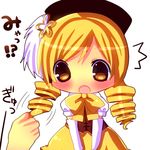  1girl blonde_hair blush bow chibi chocolat_(momoiro_piano) commentary_request drill_hair gloves hair_pull hands hat magical_girl mahou_shoujo_madoka_magica minigirl open_mouth solo surprised tomoe_mami translated twin_drills twintails v_arms yellow_eyes 