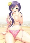  aida_takanobu beach bikini clothes_in_front clothes_removed covering flower green_eyes hair_flower hair_ornament hair_over_shoulder long_hair love_live! love_live!_school_idol_project navel nude_cover open_mouth purple_hair side-tie_bikini solo swimsuit toujou_nozomi untied untied_bikini wet 