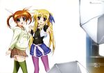  absurdres blonde_hair brown_hair casual fate_testarossa green_legwear highres holding_hands lyrical_nanoha mahou_shoujo_lyrical_nanoha mahou_shoujo_lyrical_nanoha_the_movie_1st multiple_girls non-web_source okuda_yasuhiro open_mouth pantyhose pink_legwear purple_eyes red_eyes short_twintails takamachi_nanoha thighhighs twintails zettai_ryouiki 