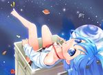  :o ahoge antenna_hair bad_feet bare_legs bare_shoulders barefoot blue_eyes blue_hair blush bow denpa_onna_to_seishun_otoko earth feet in_container long_hair looking_at_viewer looking_up nail_polish off_shoulder open_mouth planet school_uniform sitting skirt solo space toe-point toes touwa_erio ufo very_long_hair wapokichi 
