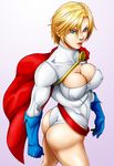  1girl alien ass bad_anatomy belt blonde_hair bouzu_oyaji breasts cape cleavage cleavage_cutout dc_comics erect_nipples female gloves green_eyes kryptonian leotard power_girl red_cape short_hair solo tonbo_mam wedgie 