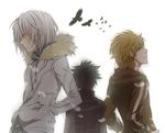  accelerator albino bad_id bad_pixiv_id bird black_hair blazer blonde_hair brown_hair feathers fur_collar hamazura_shiage hands_in_pockets issa_(sorako45) jacket kamijou_touma multiple_boys red_eyes smile spiked_hair to_aru_majutsu_no_index white_hair 