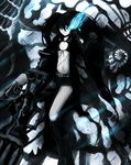  absurdres arm_cannon belt bikini_top black_hair black_rock_shooter_ black_rock_shooter_(character) blue_eyes boots coat front-tie_top gloves glowing_eye glowing_eyes gun high_res long_hair midriff navel oppai pale_skin scar shorts solo twin_tails 