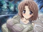  1girl blush bra cleavage poorly_tagged purple_bra rain raining tagme transparent_clothing wet worried 