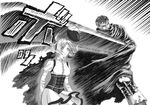  1girl berserk crossover drill_hair greyscale guts huge_weapon mahou_shoujo_madoka_magica monochrome nemo_(nameless920) resized spoilers sword tomoe_mami weapon 