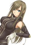  bangs big_wednesday blue_eyes blush breasts brown_hair duplicate dutch_angle gloves hair_over_one_eye large_breasts long_hair looking_at_viewer parted_lips simple_background sleeveless solo swept_bangs tales_of_(series) tales_of_the_abyss tear_grants white_background 