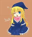  blonde_hair blue_eyes blue_shade blush dotted_line dress frilled_dress frills hat long_hair madou_monogatari one_eye_closed open_mouth puyopuyo sketch solo star witch witch_(puyopuyo) 