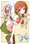  apron blue_eyes blue_hair brown_hair cake food fork fruit hair_ornament highres kantoku long_hair lyrical_nanoha mahou_shoujo_lyrical_nanoha_strikers minigirl multiple_girls reinforce_zwei short_hair skirt strawberry thighhighs x_hair_ornament yagami_hayate 