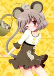  animal animal_ears animal_on_head bad_id bad_pixiv_id casual green_hair momose_rin mouse mouse_ears mouse_tail nazrin on_head one_eye_closed red_eyes solo tail touhou 