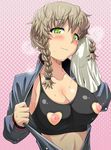  1girl amane_suzuha artist_request blush braid breasts brown_hair cleavage erect_nipples flash gray_hair green_eyes grey_hair heart hot jacket large_breasts light_smile long_hair looking_at_viewer nippleless_clothes nippleless_clothing nipples odor open_clothes open_jacket open_shirt oppai perspiring photoshop shirt smile solo sports_bra steins;gate sweat towel track_jacket twin_braids utamaro 