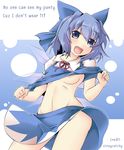  :d areolae blue_eyes blue_hair bow breasts cirno engrish groin hair_bow hair_ornament medium_breasts navel no_bra no_panties open_mouth ranguage ribbon sesield shirt_lift short_hair skirt smile solo touhou underboob 