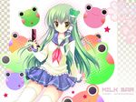  alternate_costume cellphone frog green_eyes green_hair hair_ornament hair_tubes halftone halftone_background highres kochiya_sanae long_hair phone school_uniform serafuku shirogane_hina snake solo star thighhighs touhou yellow_eyes zettai_ryouiki 