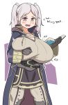  1girl blush book breast_expansion breasts brown_eyes cleavage coat embarrassed gloves grey_hair highres huge_breasts my_unit_(fire_emblem:_kakusei) open_mouth solo standing twintails 