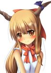  bare_shoulders blush bow fang hair_bow horn_ribbon horns ibuki_suika kachiwarigoori long_hair orange_hair ribbon smile solo touhou 