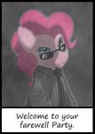  albert_wesker black_clothing blue_eyes border c0nker c0nnerc00n clothed clothing cosplay crossover english_text equine eyewear female friendship_is_magic fur hair horse looking_at_viewer mammal my_little_pony pink_fur pink_hair pinkie_pie_(mlp) pony rain resident_evil solo sunglasses text wesker 
