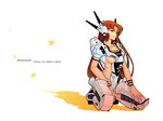  breasts brown_eyes brown_hair cao-cao choujikuu_yousai_macross cosplay hayase_misa kneeling long_hair macross mecha_musume medium_breasts personification shadow simple_background solo spread_legs underboob vf-1 vf-1s watermark web_address white_background 