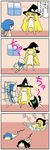  4koma biting black_hair black_wings blonde_hair blue_eyes blue_hair bow braid chibi cirno closed_eyes comic fang hair_bow hat hat_bow highres ice jitome kedamono_kangoku-tou kirisame_marisa long_hair lying multiple_girls on_back open_mouth reiuji_utsuho short_hair smile touhou translated very_long_hair wet window wings 