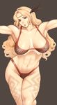  abs amazon amazon_(dragon&#039;s_crown) amazon_(dragon's_crown) armor armpits bikini bikini_armor blonde_hair breasts brown_eyes curvy dragon&#039;s_crown dragon's_crown feather feathers female headband large_breasts long_hair muscle muscles muscular_female navel simple_background solo swimsuit takasugi_kou tattoo vanillaware 