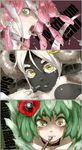  al_bhed_eyes bandages black_skin choker clostridium_tetani colored_eyelashes cut-in eyebrows face fingernails flower green_eyes green_hair hair_flower hair_ornament horns mouth_hold multiple_girls nail open_mouth original oso_(toolate) ovis_aries papaver_somniferum personification pink_hair pipe ringed_eyes sheep sheep_horns short_hair smile tears tongue white_hair wool yellow_eyes 