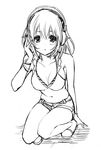  belt bikini_top blush bra bracelet breasts cleavage greyscale hand_on_headphones headphones jewelry large_breasts lingerie monochrome navel nitroplus original saikawa_yusa short_hair shorts sketch solo squatting super_sonico underwear 