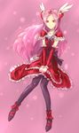  black_legwear bow choker cure_passion dress fresh_precure! frills full_body hair_ornament hairpin heart heart_hair_ornament higashi_setsuna long_hair magical_girl pantyhose pink_background pink_hair precure red_eyes ribbon shoes sitting solo star_(ikaruga) tiara white_choker wings 