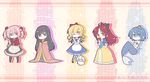  5girls :3 akemi_homura alice_(wonderland)_(cosplay) alice_in_wonderland alternate_costume apple black_hair blonde_hair blue_eyes blue_hair bow braid chibi cosplay crown drill_hair food frown fruit hair_bow hair_ornament hair_ribbon hairband hairclip highres kaguya_hime kaguya_hime_(cosplay) kaname_madoka kurosu kyubey little_red_riding_hood little_red_riding_hood_(cosplay) mahou_shoujo_madoka_magica mermaid miki_sayaka monster_girl mulan multiple_girls open_mouth orange_eyes pink_eyes pink_hair purple_eyes red_eyes red_hair ribbon sakura_kyouko smile snow_white_(cosplay) snow_white_and_the_seven_dwarfs the_little_mermaid the_little_mermaid_(cosplay) tomoe_mami twin_braids wink 