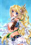  adjusting_hair al-10 blonde_hair blue_eyes breasts cloud clouds earrings female green_ribbon hair_ornament hide_face_devil jewelry large_breasts long_hair open_mouth outdoors ribbon see-through shoulder_pads sideboob sky solo sophitia_alexandra soul_calibur soul_calibur_iv soulcalibur_iv water 