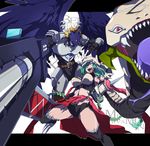  aqua_hair armor awaguri beelzebumon black_wings blonde_hair breasts digimon digimon_xros_wars gun medium_breasts mervamon midriff monster red_eyes third_eye torn_clothes weapon wings yellow_eyes 