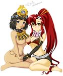  2girls absurdres bad_feet bikini_top black_hair blue_eyes breasts crossover egyptian gold_eyes highres large_breasts long_hair menace multiple_girls queen&#039;s_blade queen's_blade red_hair sevie simple_background tengen_toppa_gurren-lagann tengen_toppa_gurren_lagann yellow_eyes yoko_littner yoko_ritona 